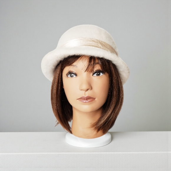 Vintage Angora Fur Wool Blend White Fuzzy Cloche Hat Peach Colored Satin Flowers - Picture 2 of 8